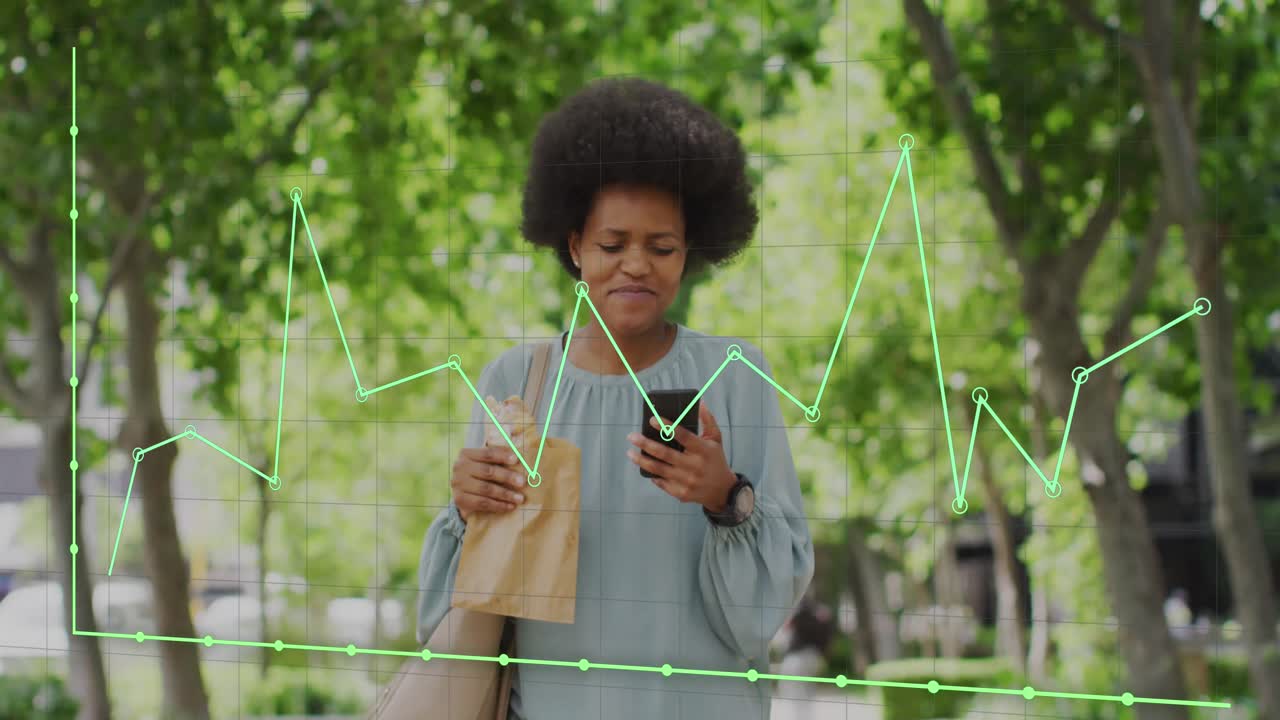 Animação de dados empresariais sobre mulher afro-americana usando smartphone