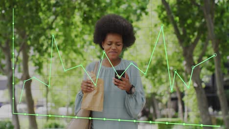 animation of business data over african american woman using smartphone