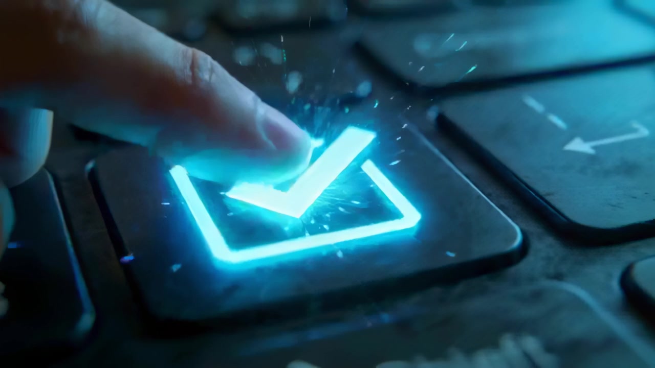 Approaching fingertip pressing illuminated checkmark key on desk, confirming, emitting cyan sparks