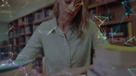 studying in library, woman surrounded by animated network connections