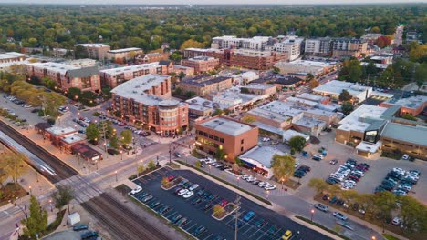 aerial view of a suburban downtown at sunset