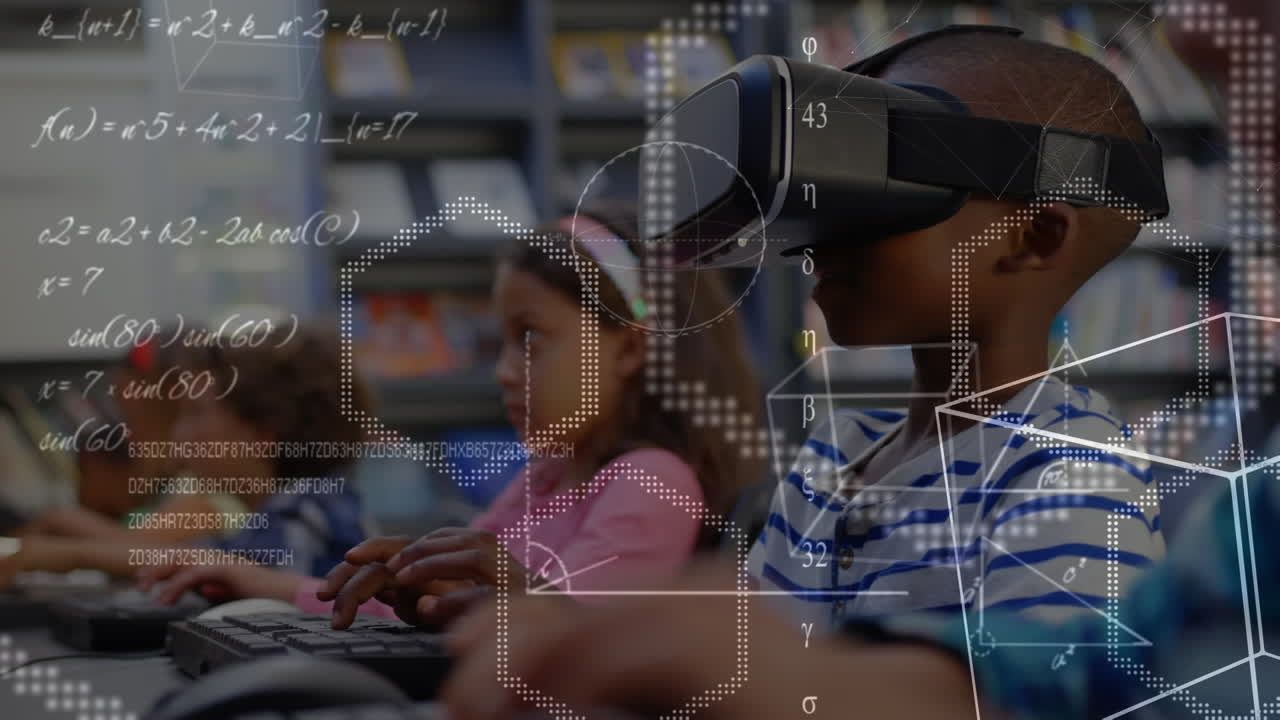Animation of over equations over schoolboy wearing vr headset