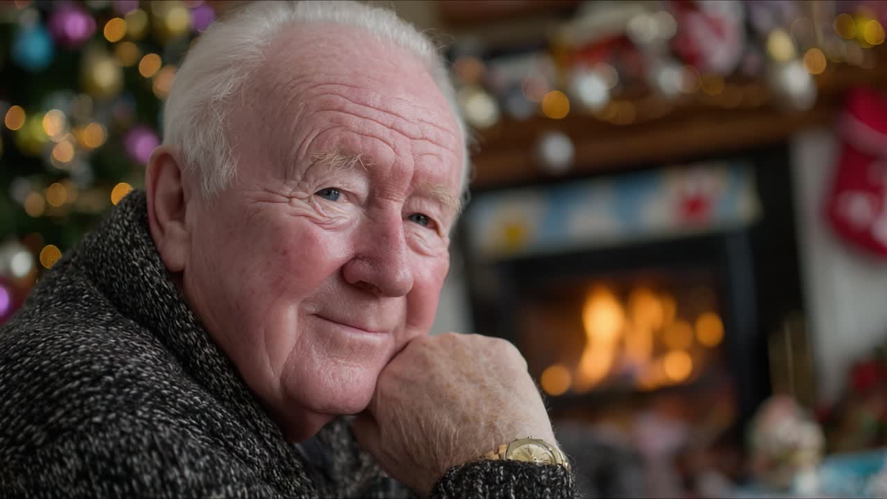 A Heartwarming Moment Captured: An Elderly Man Enjoying the Warmth of a Fireside Gathering Amidst a Festive Holiday Atmosphere