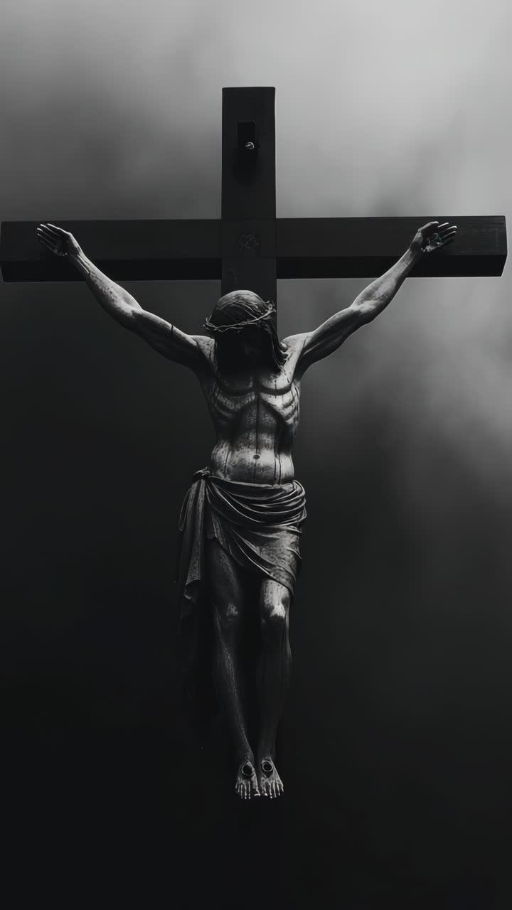 Dramatic low-angle shot of a crucifixion statue against a moody sky, capturing the somber essence