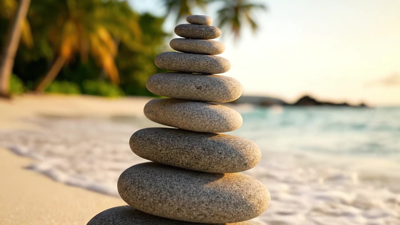 A Tranquil Display of Well-Balanced Stones on a Serene Beach During Sunset, Surrounded by Lush Palm Trees and the Gentle Lapping of Ocean Waves