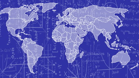 Animation-of-map-over-mathematical-equation-and-diagrams-against-blue-background