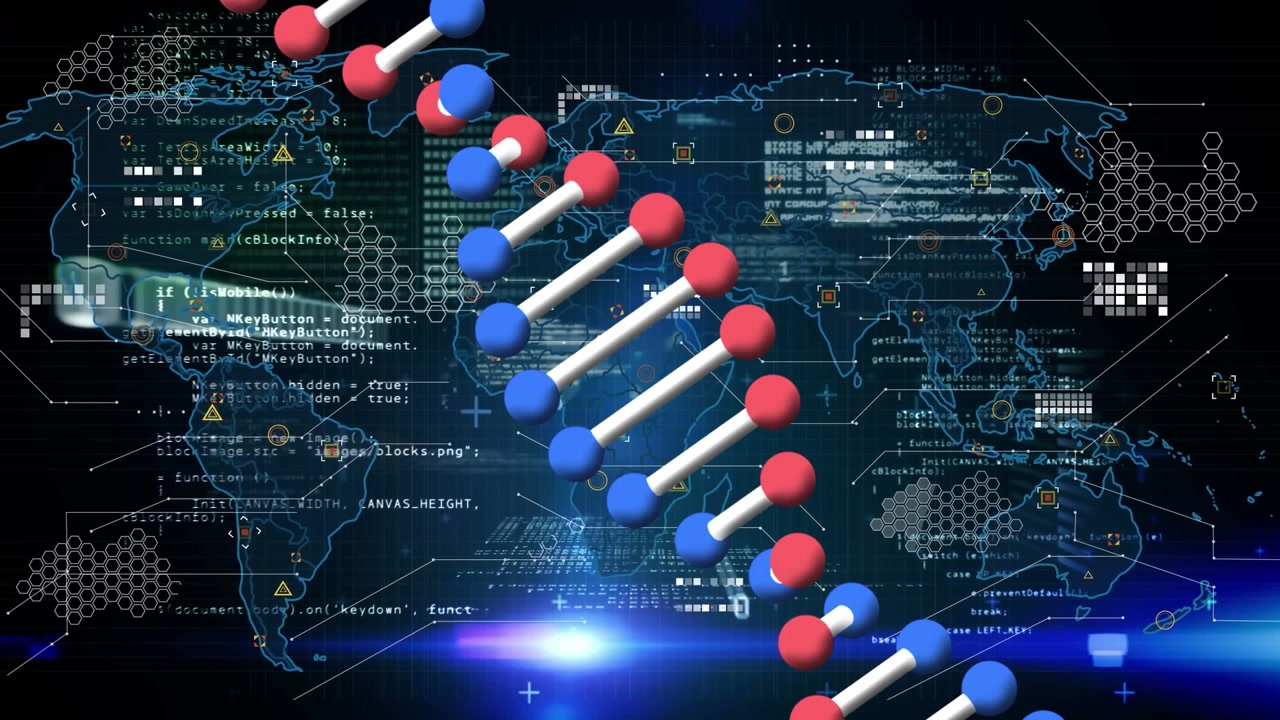 Digital animation of increasing numbers over molecular structures floating against black background