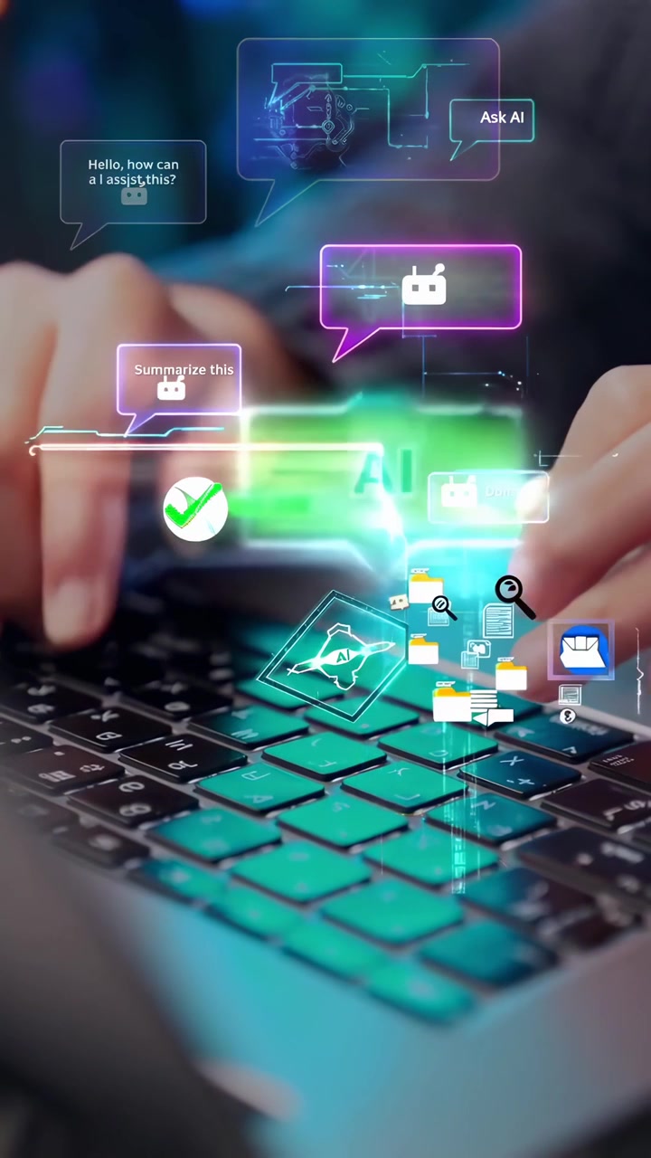 Close-up of Hands Typing on Laptop with AI Chatbot Interface