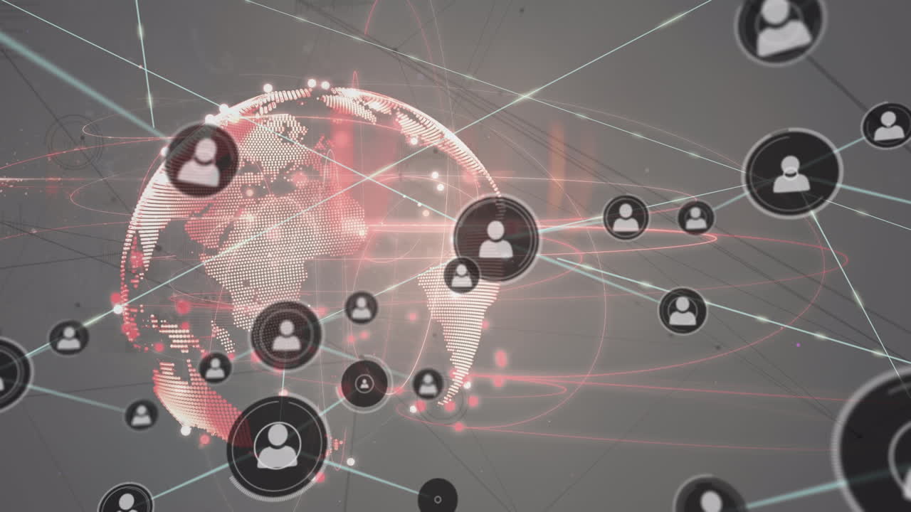 Animazione di una rete di connessioni con icone su globo su sfondo beige