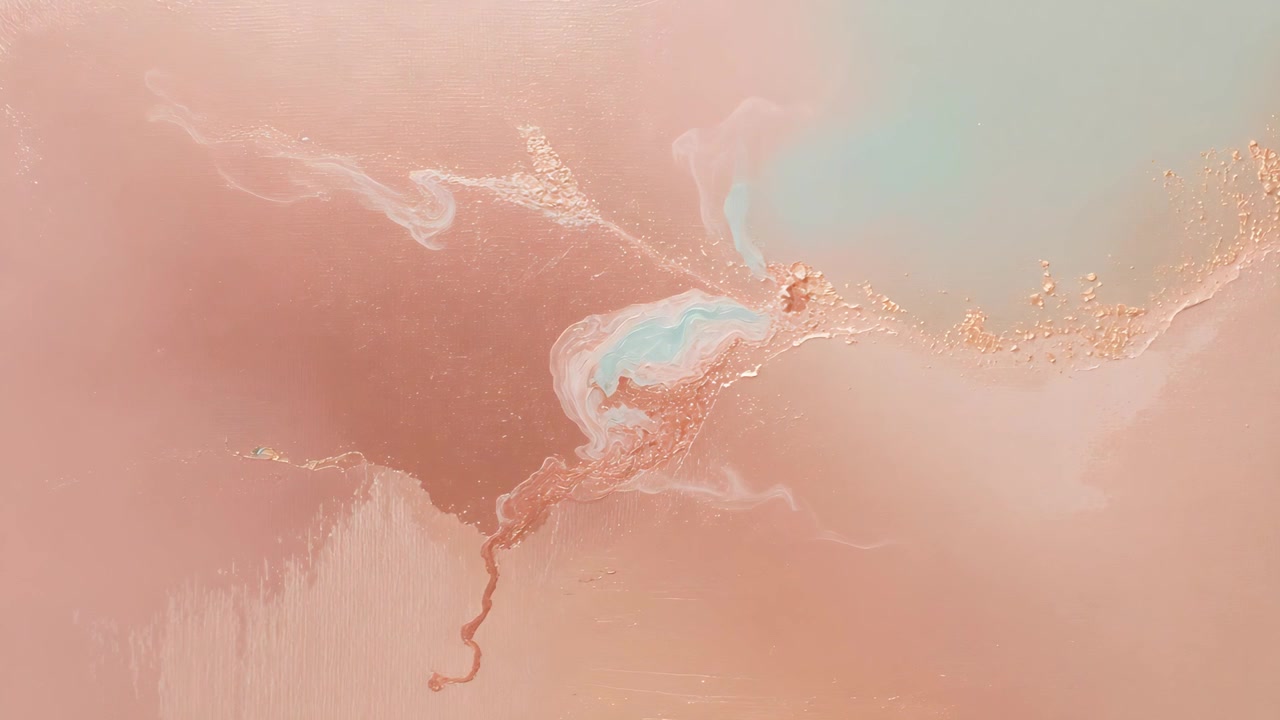 Forming streak marbling creating turquoise pool and drawing gold veins on peach wash, evoking flow
