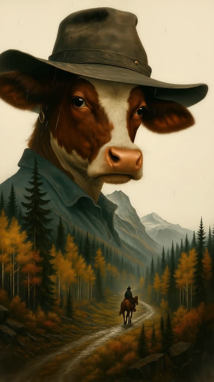 Surreal video concept of a cow with a hat and shirt, blending into a mountain landscape
