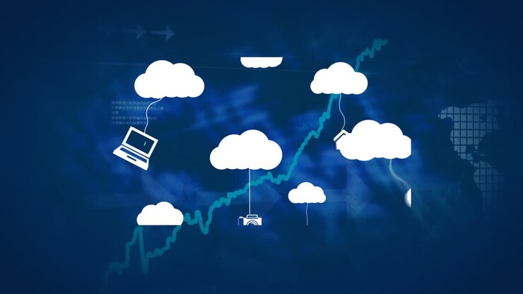 Animation of clouds with icons over world map and data processing