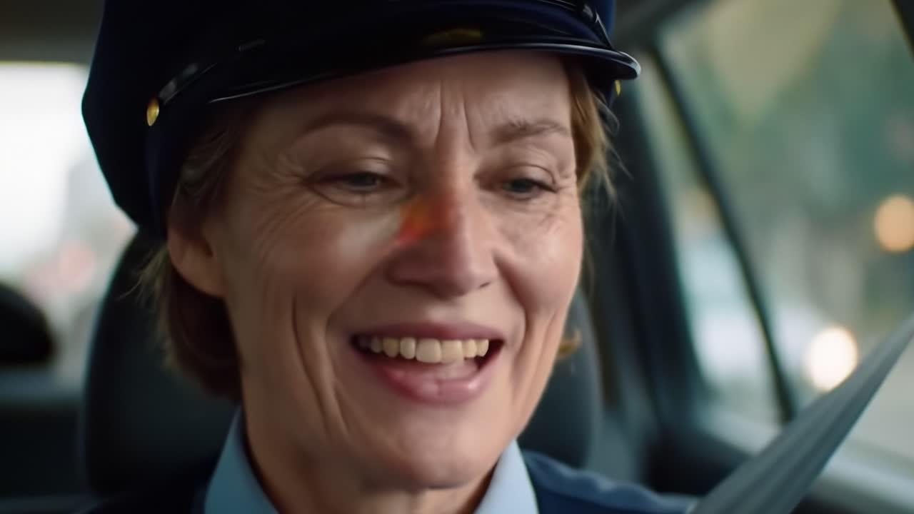 A Dedicated Officer's Expression: A Journey Through Emotions Captured in Two Frames Showcasing a Smile Transitioning to a Serious Moment Behind the Wheel