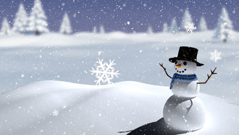 animation of snow falling over smiling snowman in winter scenery