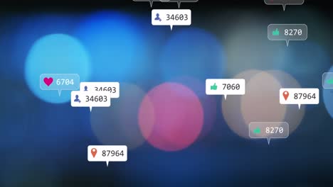 Animation-of-social-media-icons-and-numbers-over-out-of-focus-flickering-lights