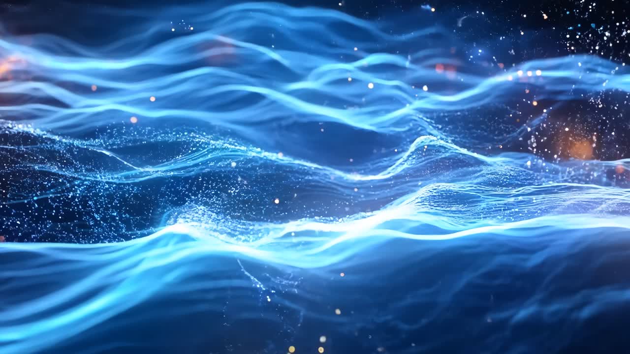 A blue wave with orange and white specks. The blue wave is very large and the orange and white specks are scattered throughout the wave