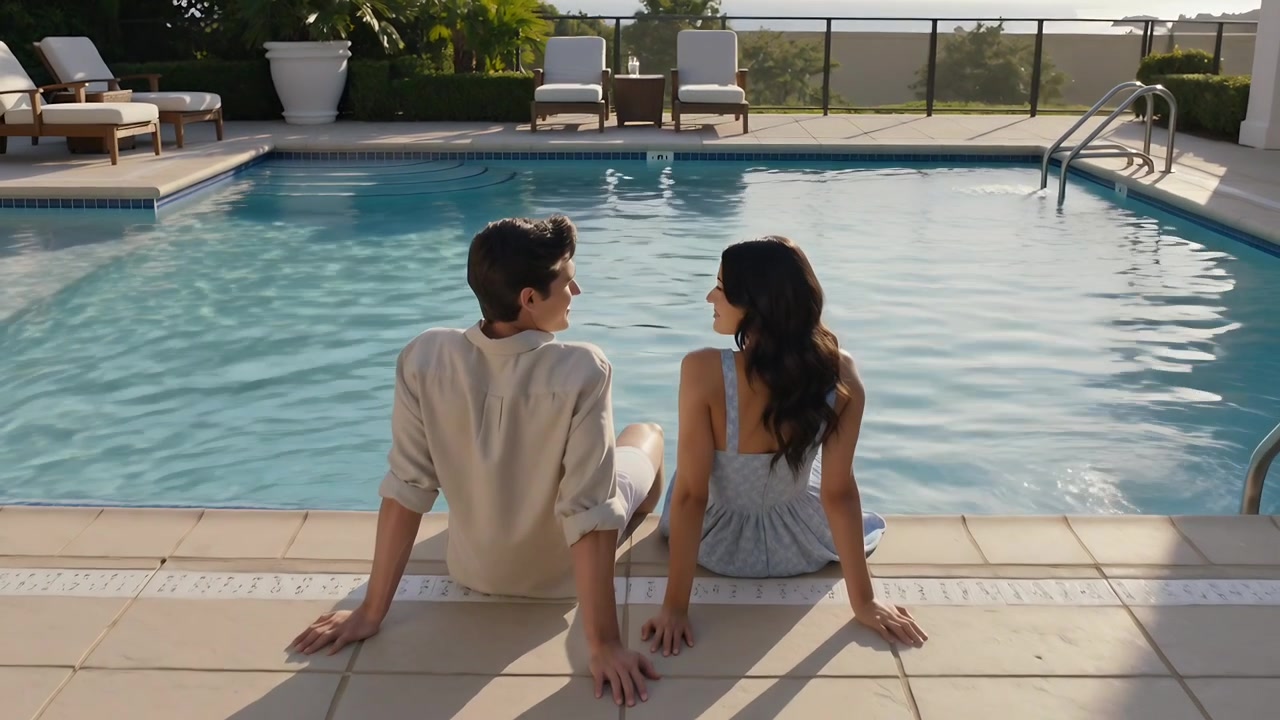 Sitting couple talking and turning heads at poolside with ladder as camera moves watching horizon