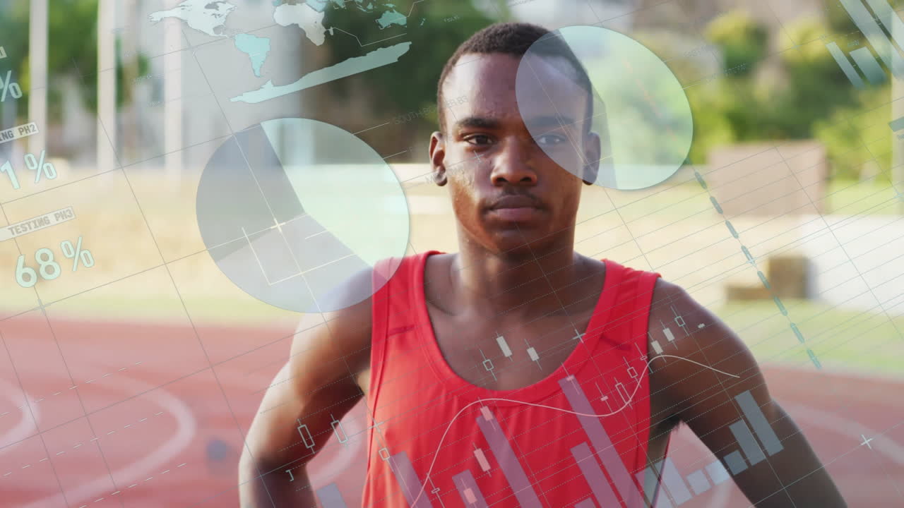 Teenage boy standing on red running track, with animated finance graphs floating