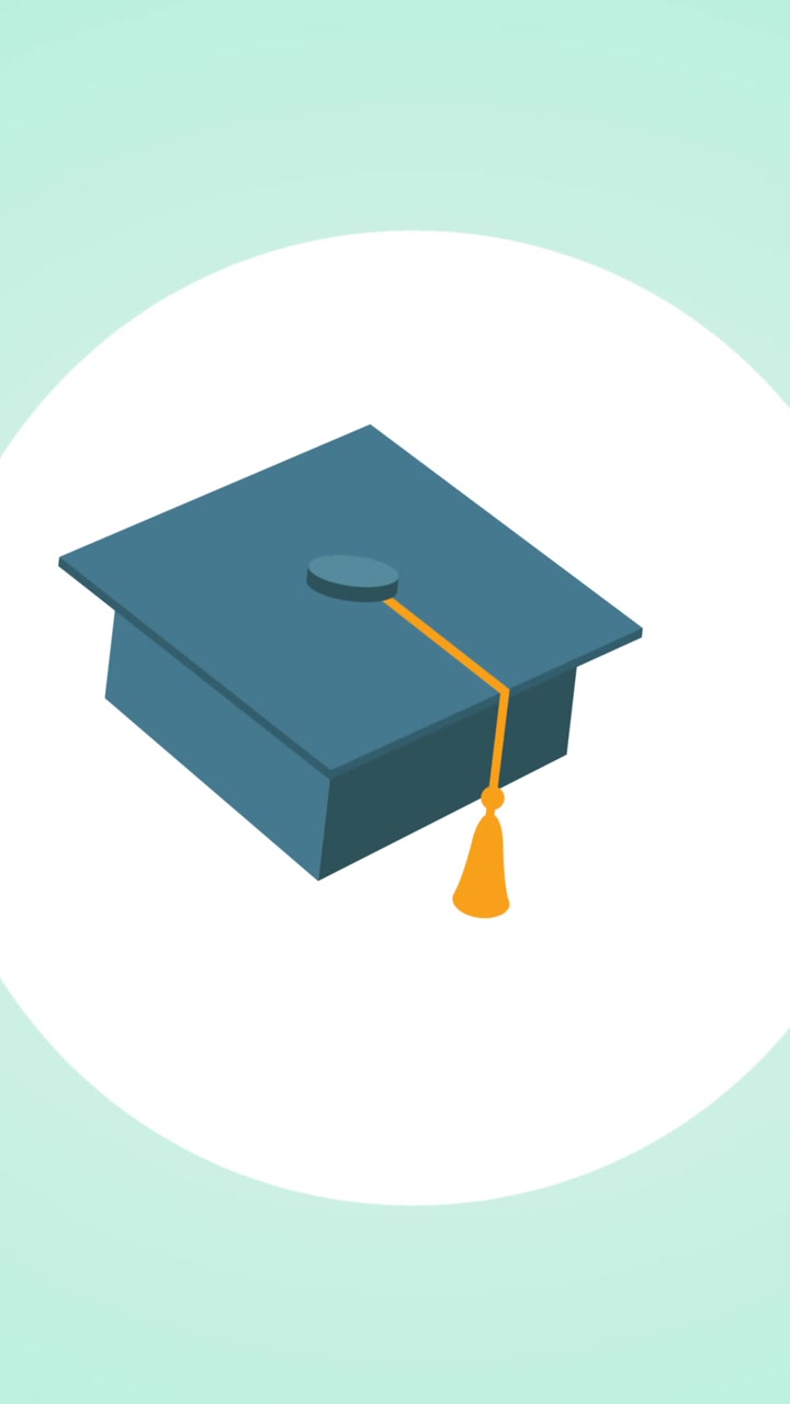Animazione digitale di un'icona di un cappello di laurea su un banner circolare bianco, su sfondo verde.