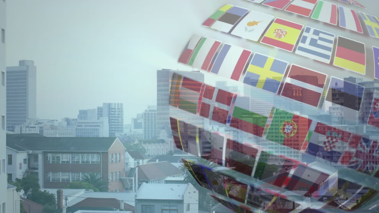 Floating 3D cube showcasing European flag panels rotating over urban skyline in animated 3D render