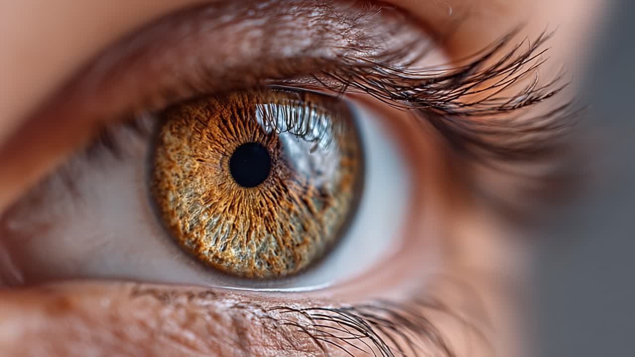 Primo piano su un occhio bellissimo, con motivi unici e colori vivaci, che cattura le minuziose complessità dell'occhio umano con dettagli sbalorditivi.