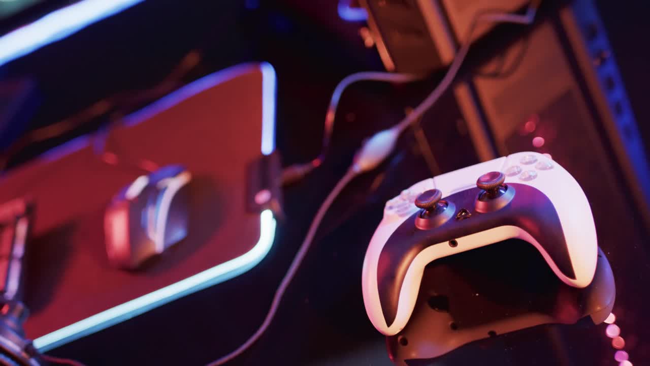 Video of computer and gaming equipment on desk with copy space on neon background