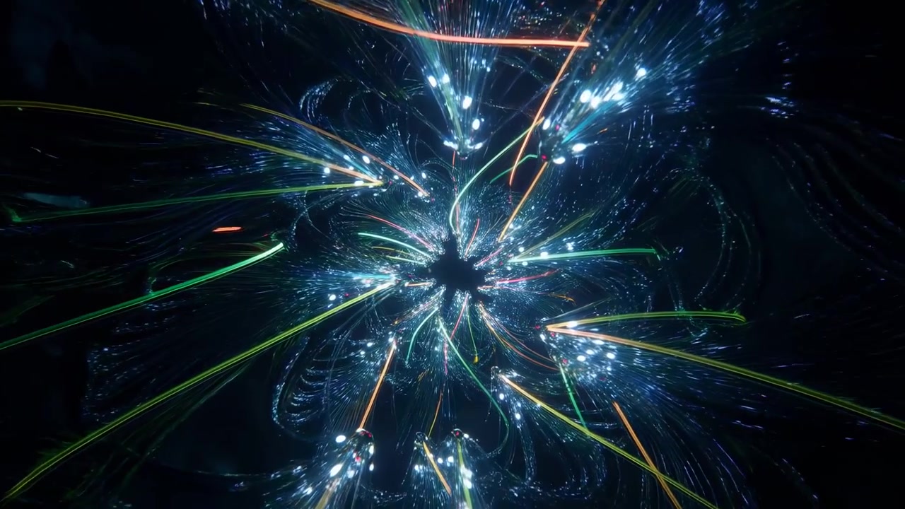 Close-up motion scene showing glossy iridescent filaments and narrow neon streaks flowing in radial burst toward dark circular void, creating symmetry, depth, vivid color, and energetic futuristic