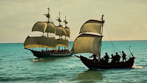 a pirate ship sailing towards an island