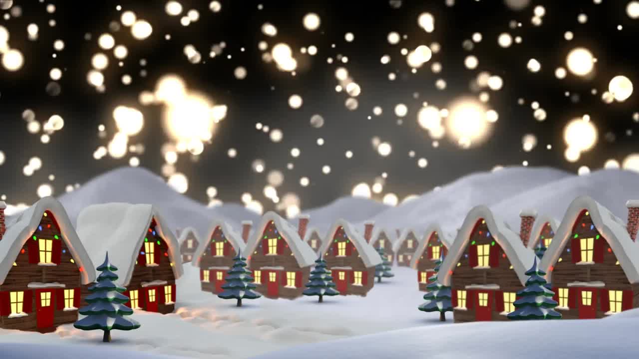 검은 바탕에 장식 된 집과 빛의 반점이 있는 겨울 풍경의 애니메이션