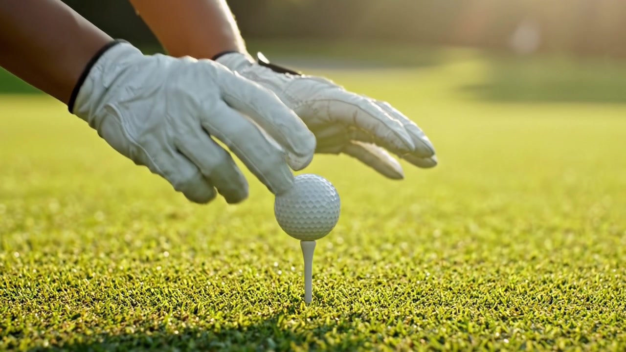 Un golfista si prepara per un tiro perfetto, posizionando la palla sul tee sotto una splendida luce naturale sul campo verde in un ambiente tranquillo.