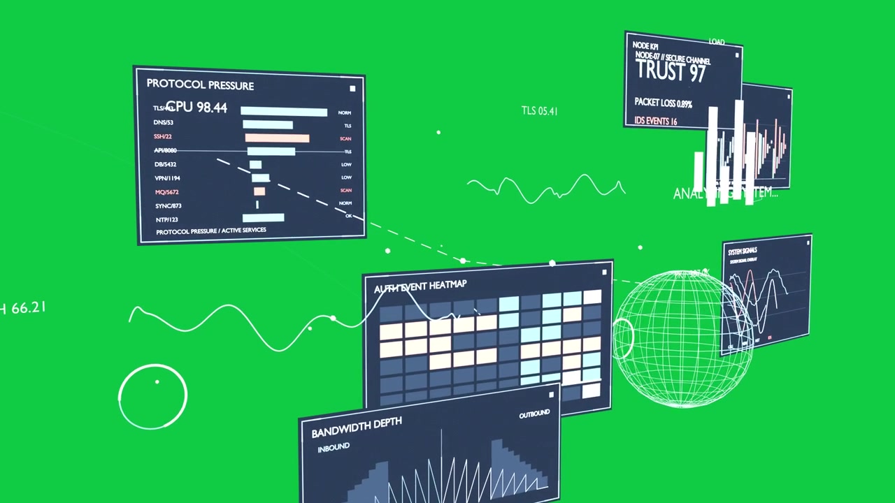 3D HUD animating on data burst panels sliding heatmap filling on transparent background monitoring
