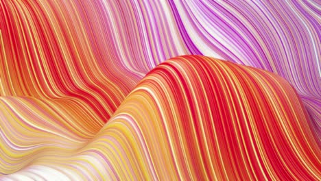 beautiful abstract background of waves on surface, red yellow color gradients, extruded lines as striped fabric surface with folds or waves on liquid. 4k loop. glow lines 3