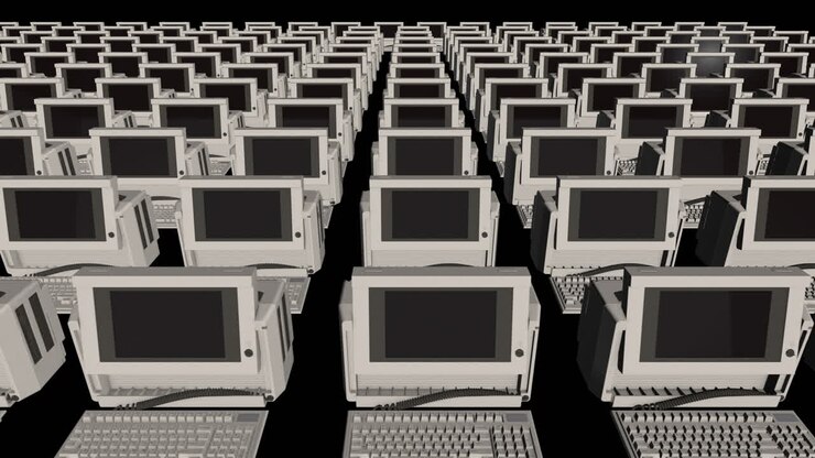 Symmetrical Rows of Old PC Computers with Keyboards - 3D Animation