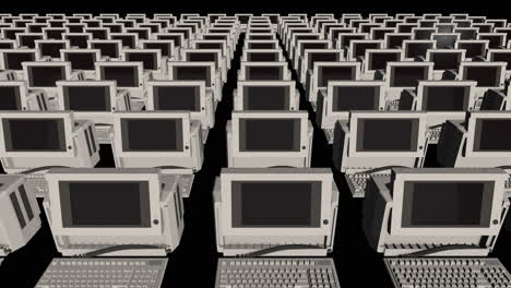 Symmetrical-Rows-of-Old-PC-Computers-with-Keyboards---3D-Animation