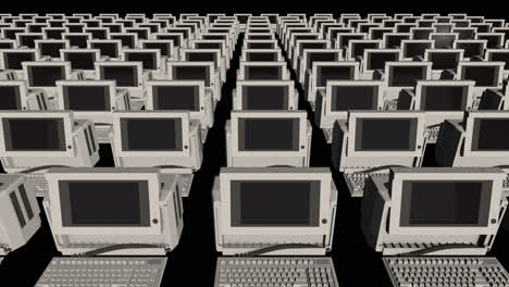 symmetrical rows of old pc computers with keyboards - 3d animation