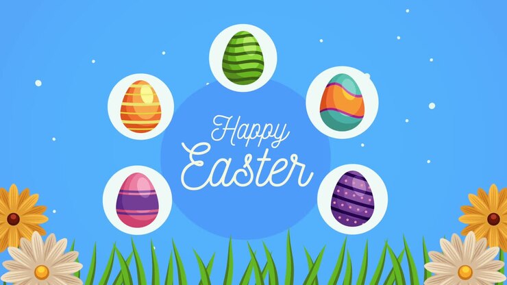 happy easter day lettering with eggs painted around and flowers garden