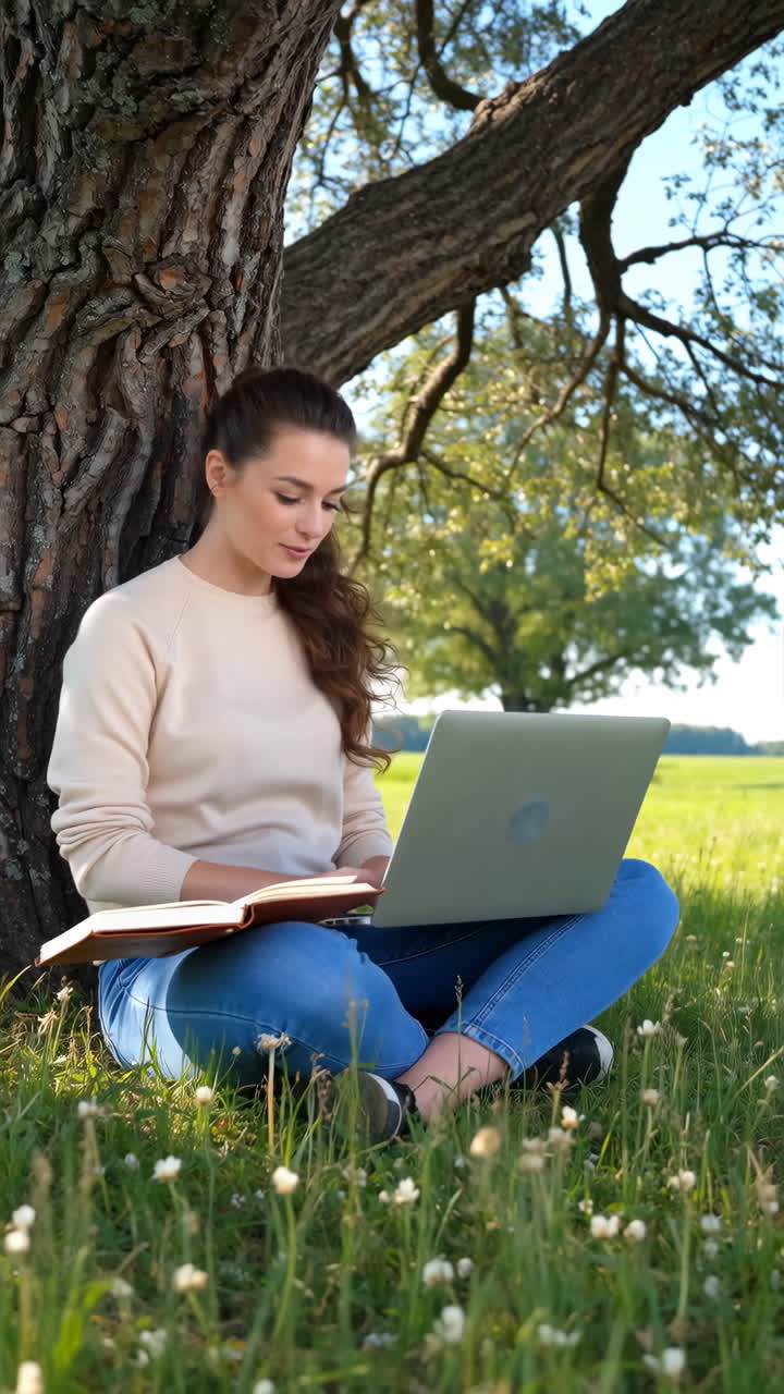 Woman working or studying on a laptop outdoors under a tree