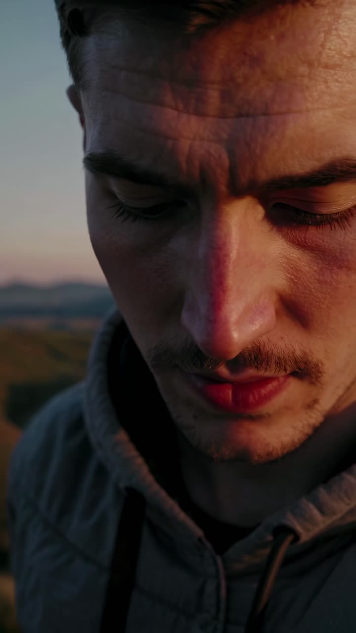 Close-up video still of a pensive man at sunset, captured from a high angle