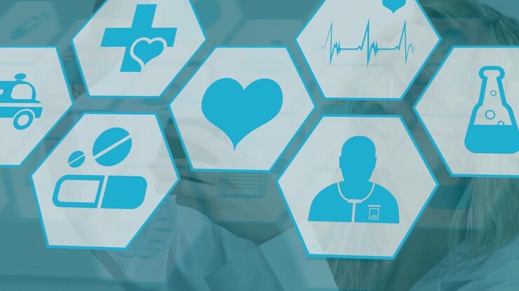 Animación de iconos médicos sobre una científica caucásica
