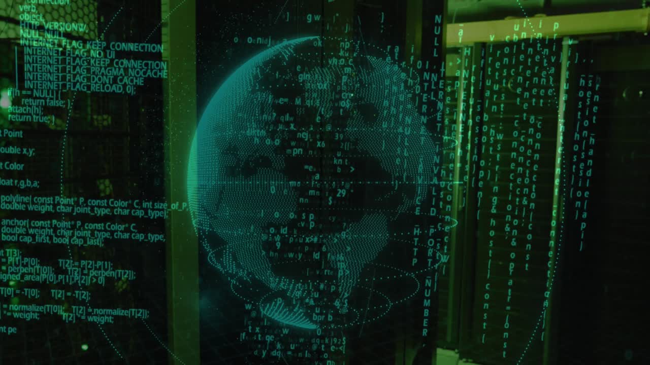 Animation of data processing and globe over server room