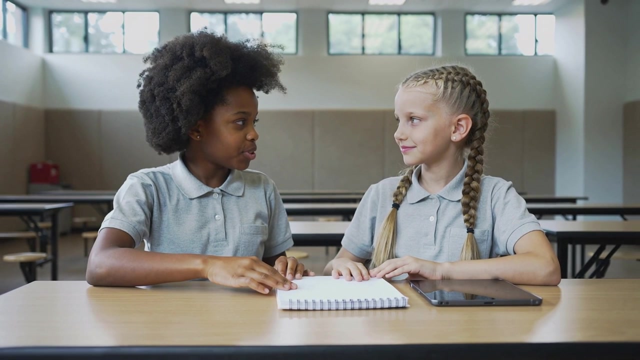 Placing notebook, left girl in polo guiding braided peer for school work in cafeteria with tablet