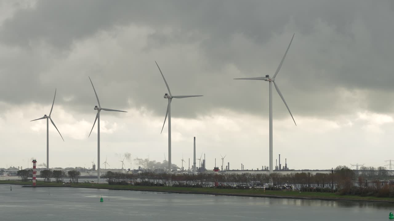 Renewable energy wind farm in Hook of Holland coastal industrial area