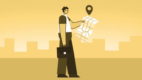 hombre de estilo amarillo con maletín personaje plano caminando en bicicleta con mapa gps animación de bucle aislado con canal alfa