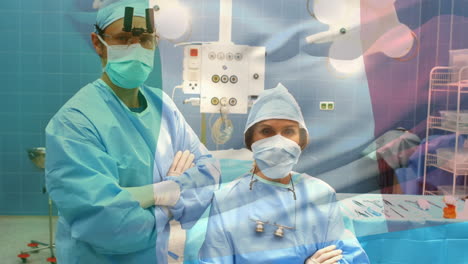 animation of flag of italy waving over surgeons in operating theatre