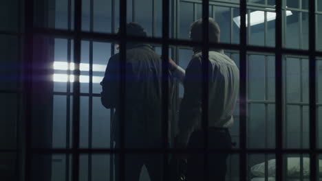 prison guard opens jail cell with keys and locks male criminal inside