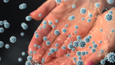 animation of macro covid-19 cells floating over hands being poured with water