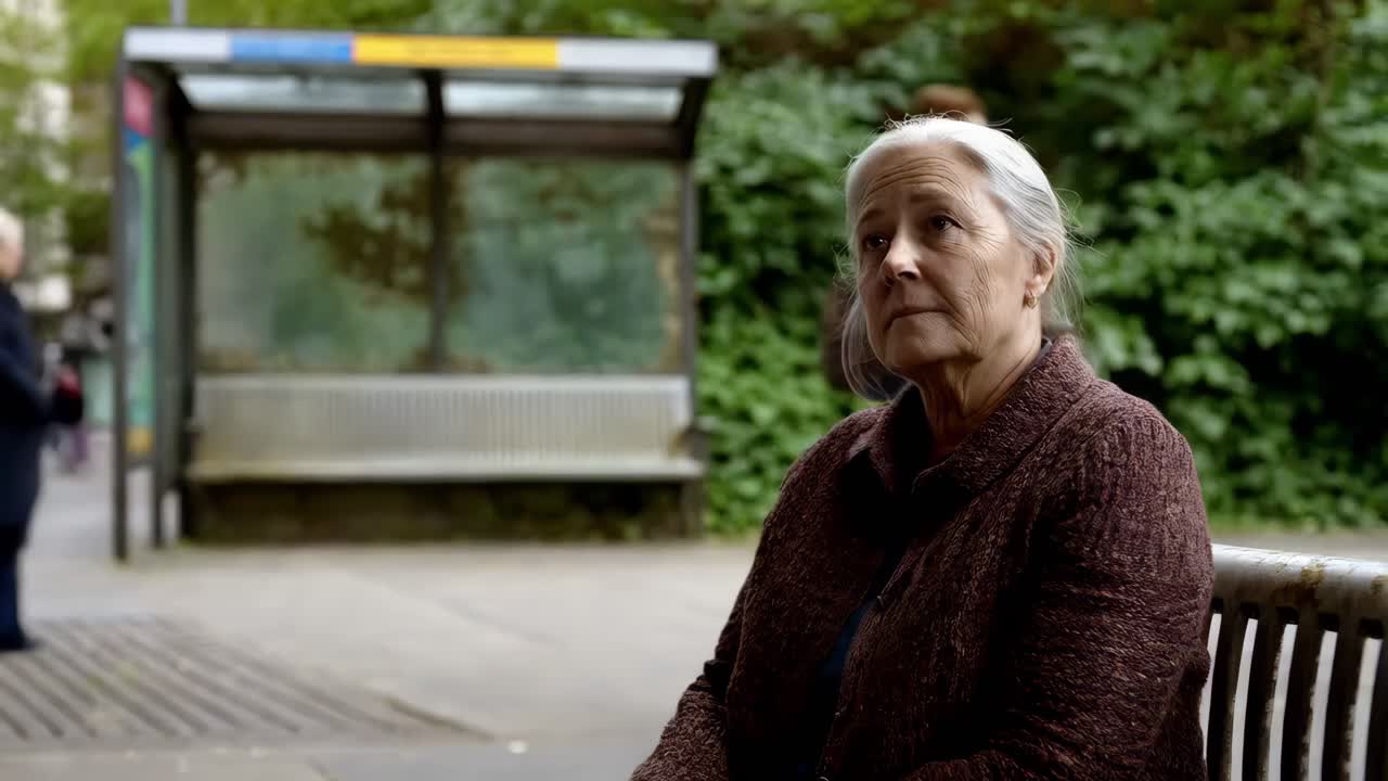 Elderly Woman Waiting at Bus Stop