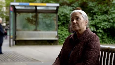 elderly woman waiting at bus stop