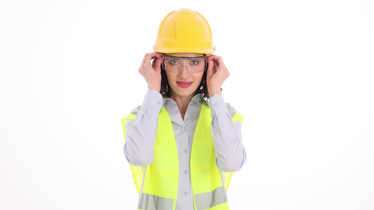 Woman Engineer Puts On Safety Glasses Against White Background