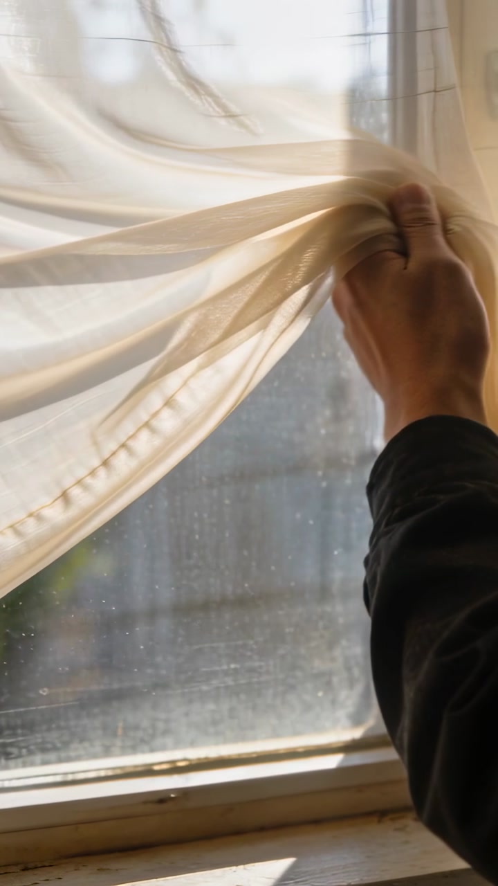 Right hand grasping and twisting sheer curtain at window, forming sunlit folds for interior design